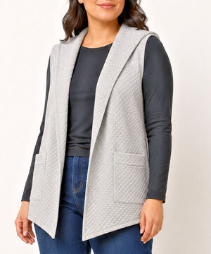 Talbots Petite XL Gray Quilted Hooded Open-Front Cotton Vest Pockets Lagenlook